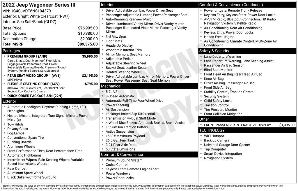 2022 Jeep Wagoneer Series III Navigation System & 3 Panel Sunroof