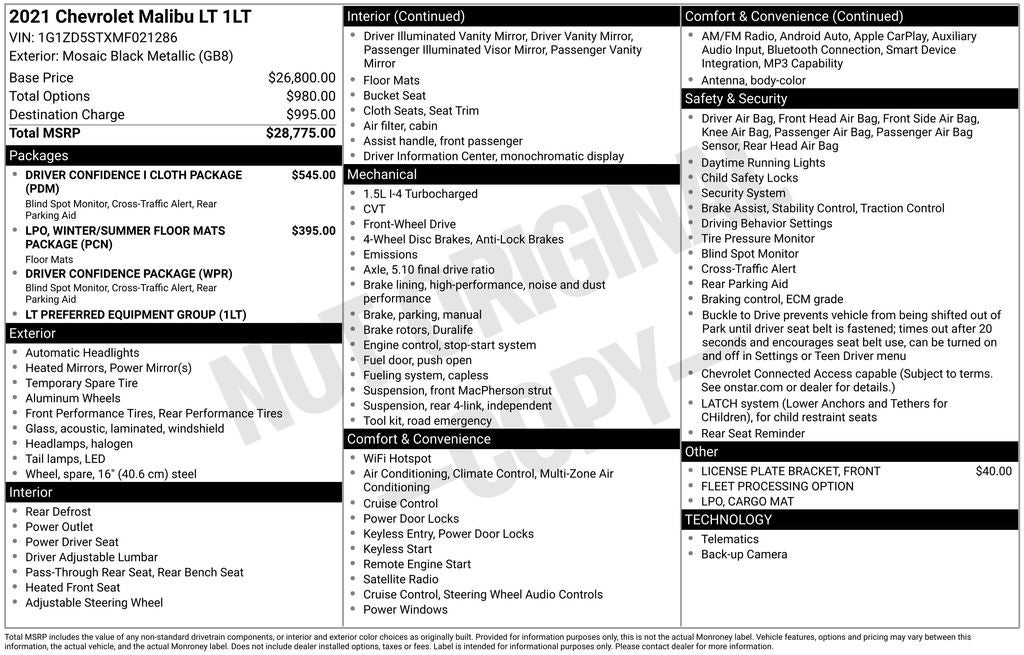 2021 Chevrolet Malibu LT Wireless Apple CarPlay/Wireless Android Auto