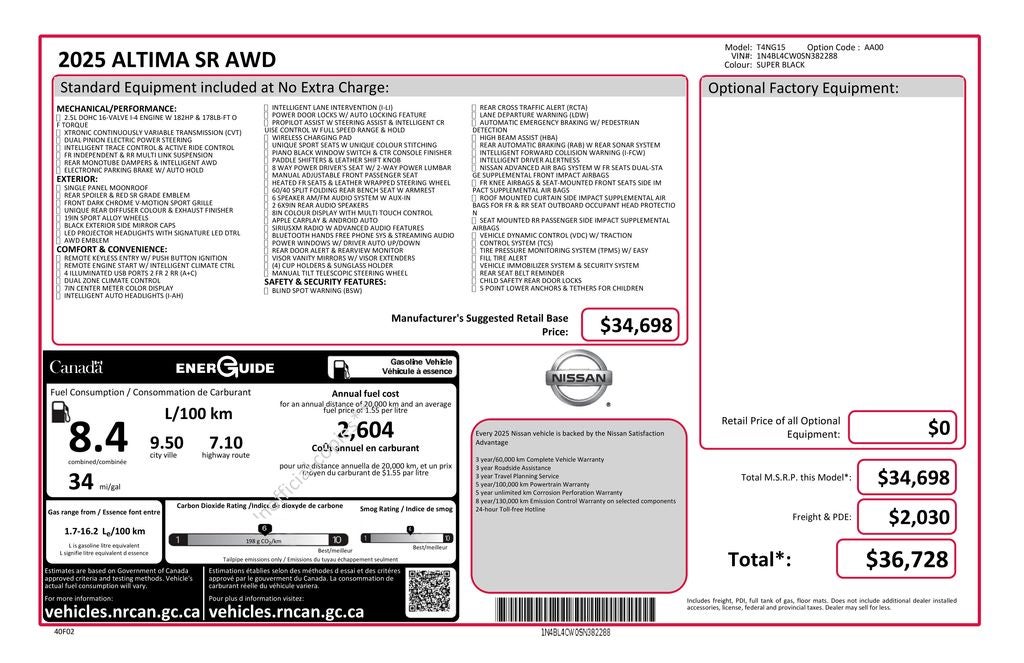 2025 Nissan Altima 2.5 SR Single Panel Moonroof