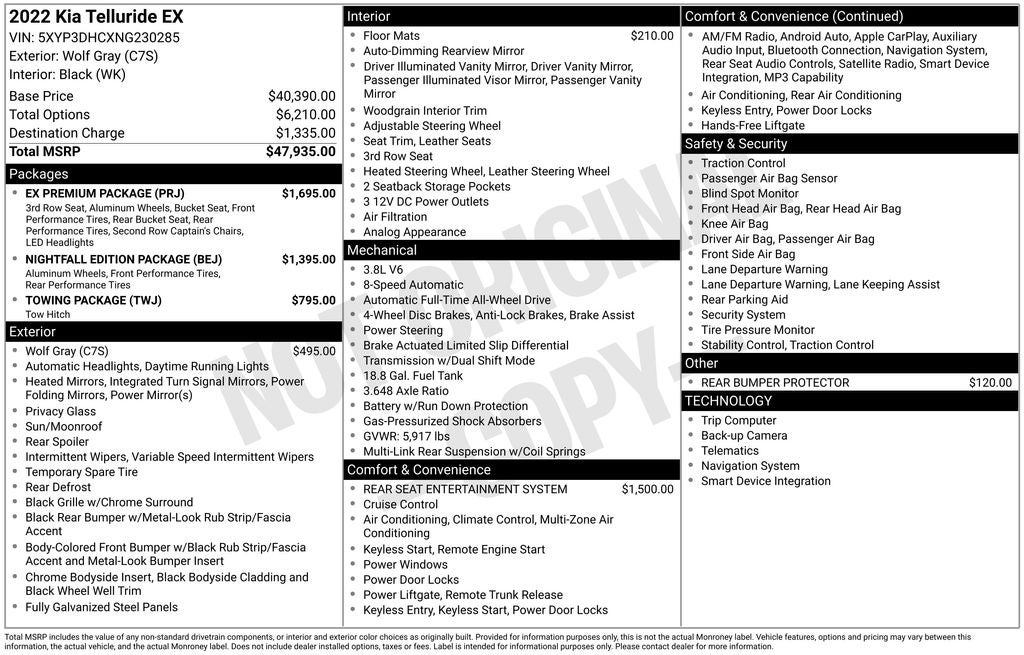 2022 Kia Telluride EX Power moonroof