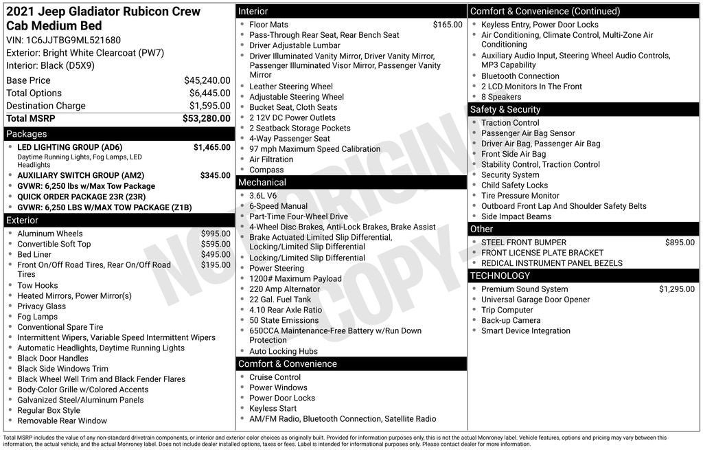2021 Jeep Gladiator Rubicon 3.6 L V6 Sunrider Top Alpine Audio Rear