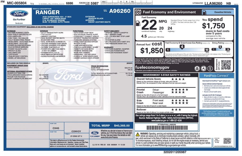2020 Ford Ranger Lariat Crew Cab 4x4 Leather Nav Rear Camera
