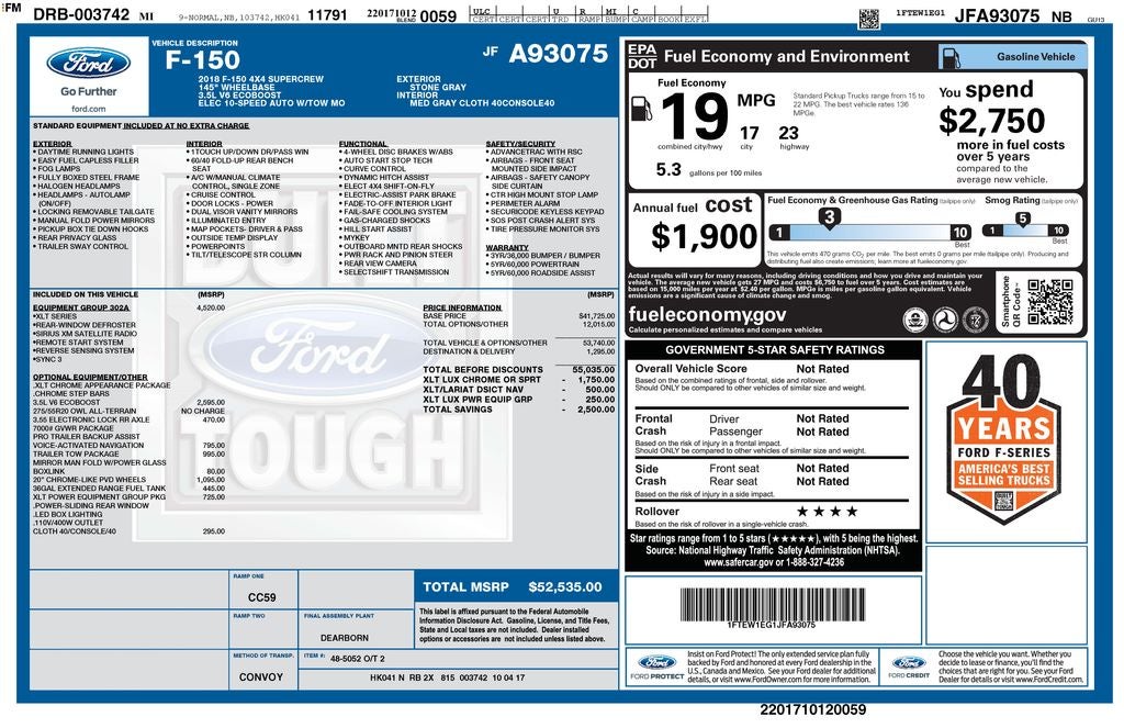 2018 Ford F-150 XLT Crew Cab 4x4 V6 3.5L Ecoboost Heated Seats