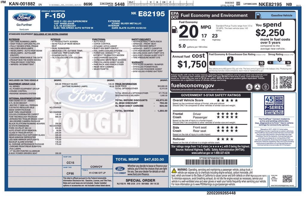 2022 Ford F-150 XL CREW CAB 4X4 360 CAMERA TOW TECH PKG CLASS IV