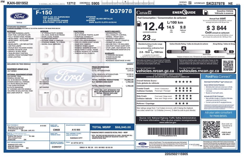 2025 Ford F-150 XLT Crew Cab 4x4 Blis 3.5L Ecoboost 18" CHROME-LIKE PV