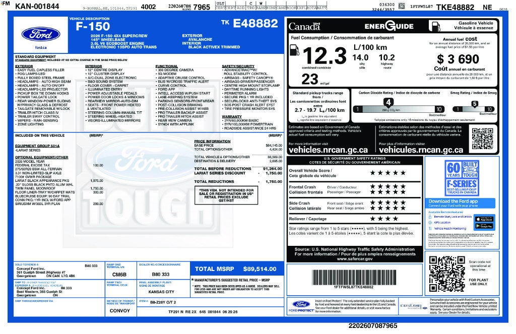 2026 Ford F-150 Lariat BLACK APPEARANCE PKG TWIN PANEL ROOF 20" BLACK WH