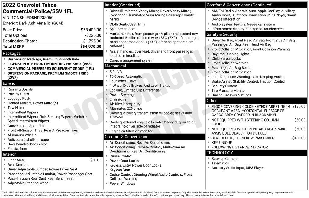 2022 Chevrolet Tahoe Commercial Fleet 4x4 Commercial Fleet Pkg 5.3 Liter V8