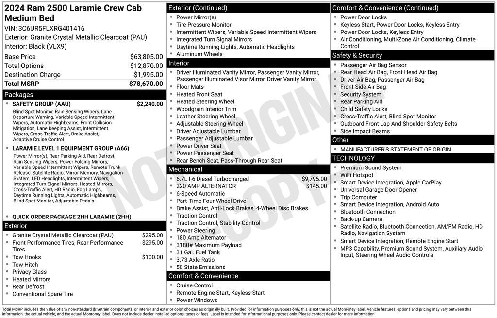 2024 RAM 2500 Laramie Crew Cab 4x4 Cummings Turbo Diesel Leather Rear Ca