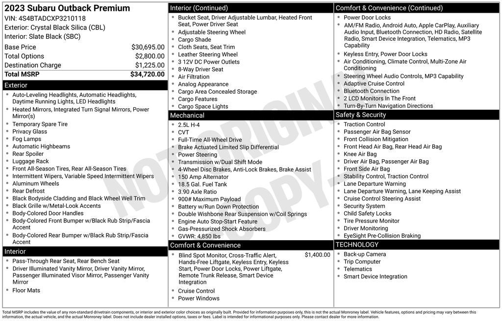2023 Subaru Outback Premium AWD Eyesight Pkg Rear Camera Keyless Entry Power S