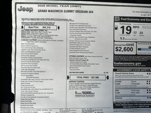 2026 Jeep Grand Wagoneer GRAND WAGONEER SUMMIT OBSIDIAN 4X4